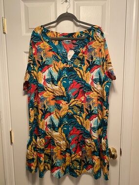 Aoulaydo Vibrant Tropical Print V-Neck Tunic Dress…size 2XL